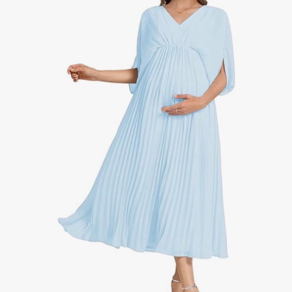 Light Blue Pleated V-Neck Maternity Dress